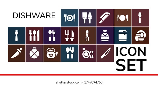 dishware icon set. 19 filled dishware icons. Included Fork, Knife, Canteen, Teapot, Spoon, Plate, Cutlery, Dishwasher, Porcelain, Utensils icons