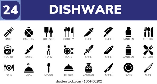 dishware icon set. 24 filled dishware icons.  Simple modern icons about  - Knife, Canteen, Utensils, Cutlery, Teapot, Fork, Plate, Meal, Spoon, Dinner