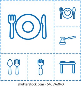 Dishware icon. set of 6 dishware outline icons such as spoon and fork, plate fork and spoon