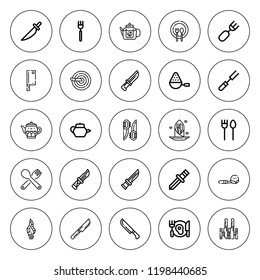 Dishware icon set. collection of 25 outline dishware icons with cutlery, dinner, fork, knife, knives, plate, teapot, spoon icons. editable icons.