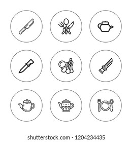 Dishware icon set. collection of 9 outline dishware icons with cutlery, knife, meal, teapot, spoons icons. editable icons.