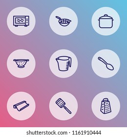 Dishware icons line style set with colander, sieve, microwave casserole elements. Isolated vector illustration dishware icons.