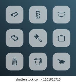 Dishware icons line style set with bowl, saucepan, salt and other cake tray elements. Isolated vector illustration dishware icons.