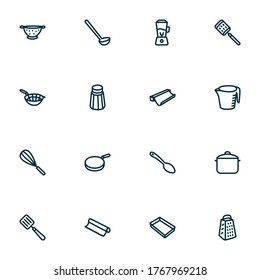 Dishware icons line style set with pan, blender, tin foil and other beater elements. Isolated vector illustration dishware icons.