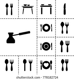 Dishware icons. set of 13 editable filled dishware icons such as spoon and fork, plate fork and spoon, knife
