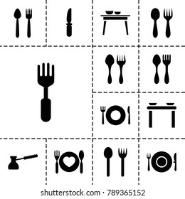 Dishware icons. set of 13 editable filled dishware icons such as plate fork and spoon, fork and spoon, knife