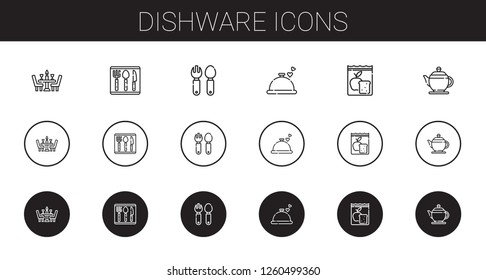 dishware icons set. Collection of dishware with dinner, cutlery, meal, teapot. Editable and scalable dishware icons.