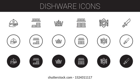 dishware icons set. Collection of dishware with dinner, dinnerware, crockery, plate, knife. Editable and scalable dishware icons.