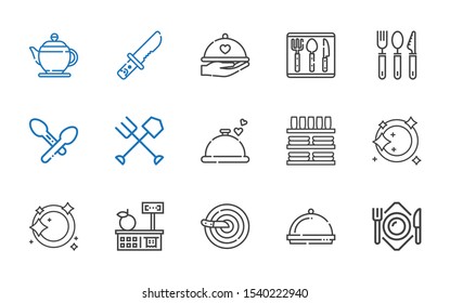 dishware icons set. Collection of dishware with plate, dinner, knife, tools and utensils, dishwashing, dinnerware, fork, spoon, cutlery. Editable and scalable dishware icons.