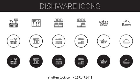 dishware icons set. Collection of dishware with tools and utensils, cutlery, crockery, dinnerware, dinner. Editable and scalable dishware icons.