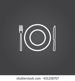 dishware line icon, fork, knife, plate, dish, outline vector logo illustration, linear pictogram isolated on black