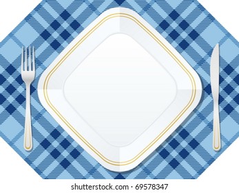 Dishware on red tablecloth. Vector illustration.