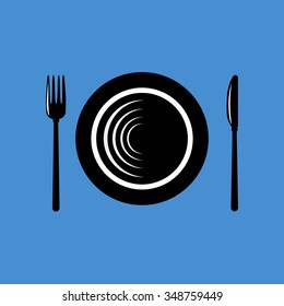 Dishware, plate, fork and knife. Flat icon vector illustration