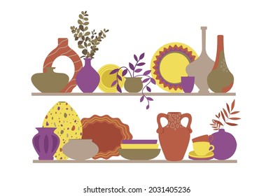 Dishware set, colorful plates  bowls, ceramic vases with plants and jar on white. handicraft, ceramic  earthenware crock vector
