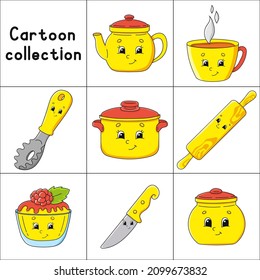 Dishware theme. Cartoon character. Colorful vector illustration. Isolated on white background. Design element. Template for your design, books, stickers, cards.