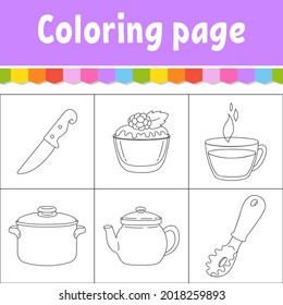 Dishware theme. Coloring book page for kids. Cartoon style. Vector illustration isolated on white background.