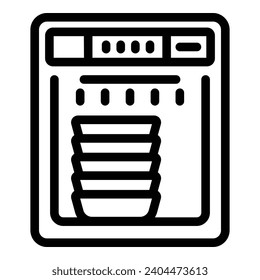 Vector de contorno del icono del dispositivo del lavavajillas. Desh contenedor de limpieza. Cubertería de limpieza automática