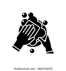 Dishwasher black glyph icon. Ensuring cleanliness and sanitization. Washing dishes and appliances. Kitchen tasks. Job in restaurant. Silhouette symbol on white space. Vector isolated illustration