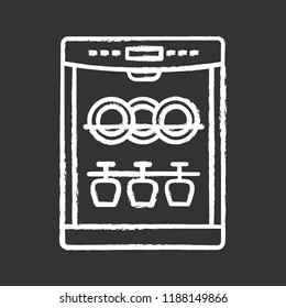 Dishwasher chalk icon. Automatic dishware and cutlery cleaning. Kitchen appliance. Restaurant, cafe equipment. Isolated vector chalkboard illustration