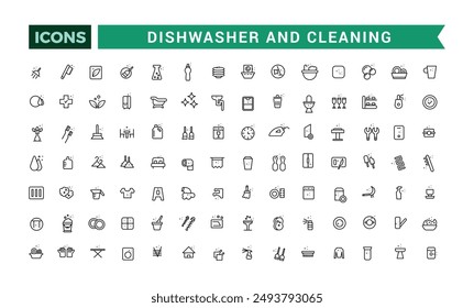 Dishwasher and cleaning icons set. Outline icons pack. Editable vector line icon set and illustration for web and UI application.