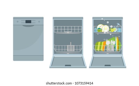The dishwasher with the closed door, with the open door without utensils and with utensils. Isolated vector objects. Flat illustration.