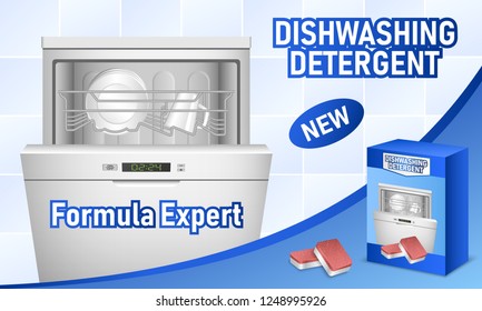 Dishwasher concept background. Realistic illustration of dishwasher vector concept background for web design