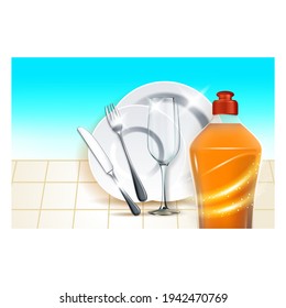 Vector de banner de publicidad del detergente del lavavajillas. Detergente Liquid Blank Botella, Plate, Wineglass, Fork Y Knife Kitchen Ware Afiche Promocional Brillante. Ilustración de plantilla de concepto de color