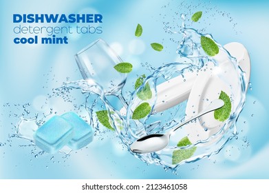 Dishwasher detergent cool mint tablets, dish in swirl water splash and drops with mint leaves. Ad promo poster with clean plates, spoon and wineglass with blue tabs in splash, realistic vector