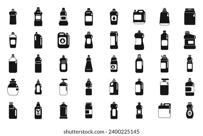 Dishwasher detergent icons set simple vector. Tabs advertising clean. Bottle liquid plastic