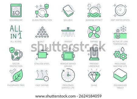 Dishwasher detergent line icons. Vector illustration include icon-glass protection, tablet, soaking effect, phosphate free outline pictogram for cleanser supply. Green color, Editable Stroke.