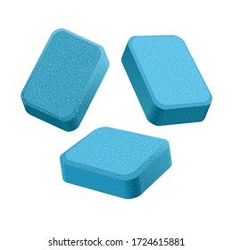 Dishwasher detergent tablet from different angles. Blue soap tabs isolated on white background.