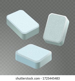 Dishwasher detergent tablet from different angles. White soap tabs isolated on transparent background.