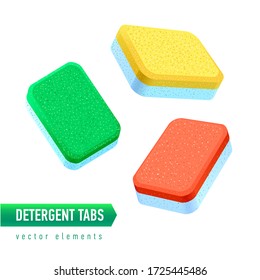 Dishwasher detergent tablet from different angles. Colored soap tabs isolated on white background.