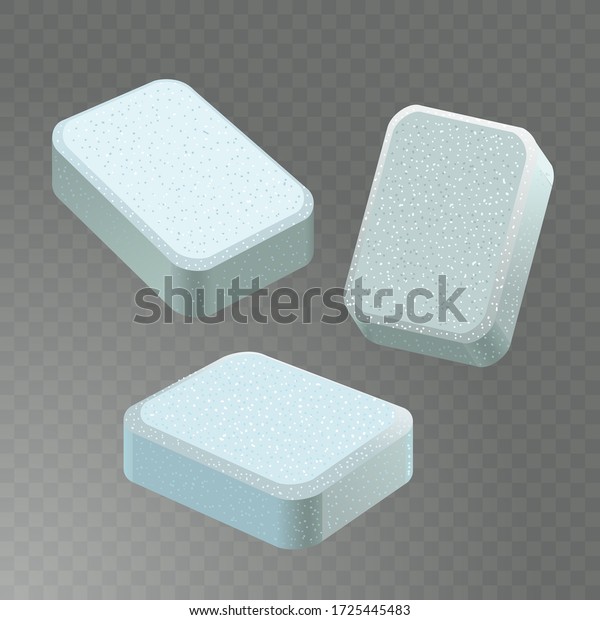 Dishwasher detergent tablet from\
different angles. White soap tabs isolated on transparent\
background.