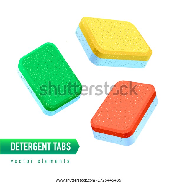 Dishwasher detergent tablet from\
different angles. Colored soap tabs isolated on white\
background.