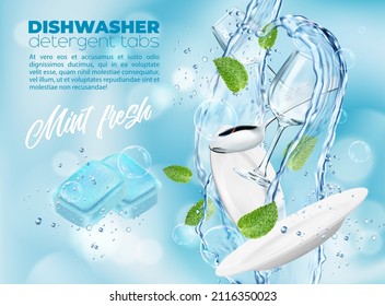 Dishwasher detergent tablets with cool mint, plate and wineglass in water splash with mint leaves. Vector ad promo poster with clean dishes in aqua swirl, realistic drops with blue detergent tabs