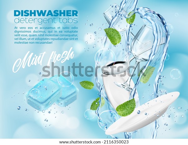 Dishwasher detergent tablets with cool mint, plate\
and wineglass in water splash with mint leaves. Vector ad promo\
poster with clean dishes in aqua swirl, realistic drops with blue\
detergent tabs