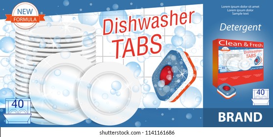 Dishwasher detergent tabs. Realistic illustration with plates in bubbles package design. Dish wash advertisement poster layout. Vector illustration.