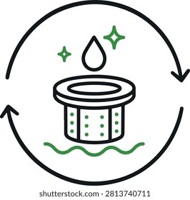 Dishwasher filter icon with water drop and circular arrows vector illustration