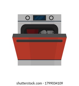 Dishwasher flat illustration. Front view of dishwasher. Vector. 