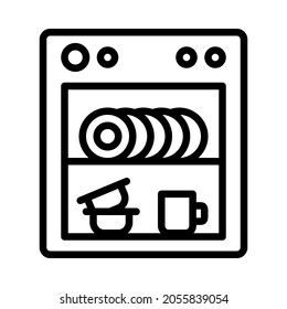 Geschirrspüler-Symbol mit flacher Linie. Haushaltsgerät zum Waschen von Geschirr, Geschirr. Rahmenzeichen für mobiles Konzept und Web-Design, Shop.
