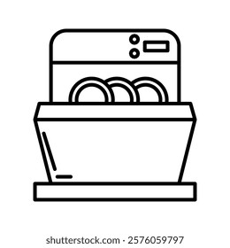 Dishwasher flat line icon. Household appliances sign. Vector illustration of house equipment store or plumbing service.
