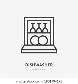 Dishwasher flat line icon. Vector outline illustration of housekeeping equipment. Black color thin linear sign for dish clean machine.