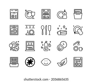 Dishwasher flat line icons set. Household appliance for washing utensil, dishware, clean dishes. Simple flat vector illustration for clinic, web site or mobile app.