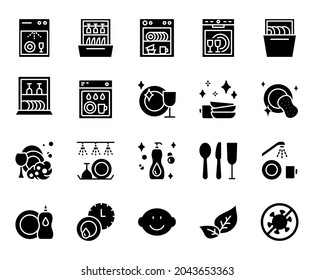 Dishwasher flat line icons set. Household appliance for washing utensil, dishware, clean dishes. Simple flat vector illustration for clinic, web site or mobile app.