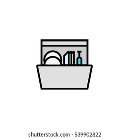 Dishwasher flat outline icon with plates, glasses