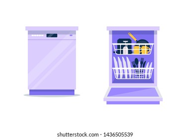 Dishwasher flat vector illustration. Closed and opened dishwasher machine with clean dishes in it, plates, cutlery, cups, pan. Template for household, kitchen.