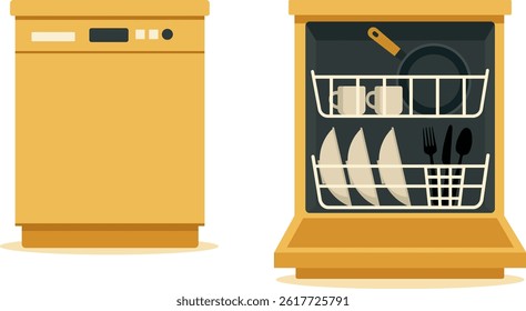Dishwasher flat vector illustration. Closed and opened dishwasher machine with clean dishes in it, plates, cutlery, cups, pan. Template for household, kitchen
