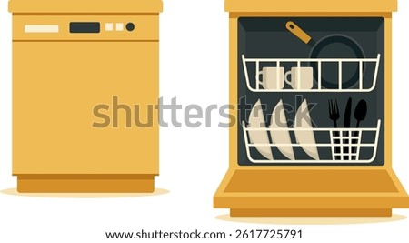 Dishwasher flat vector illustration. Closed and opened dishwasher machine with clean dishes in it, plates, cutlery, cups, pan. Template for household, kitchen