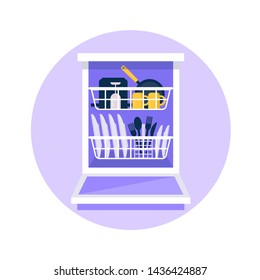 Dishwasher flat vector illustration. Open dishwasher machine with clean dishes in it, plates, cutlery, cups, pan. 